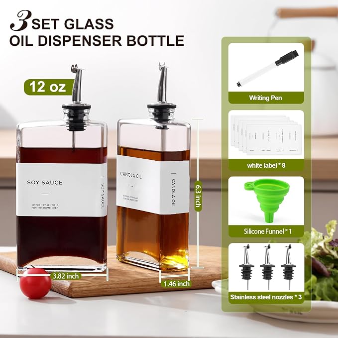Olive Oil Dispenser Bottle for Kitchen, 3 Pack Glass Oil and Vinegar Dispenser - Image 2