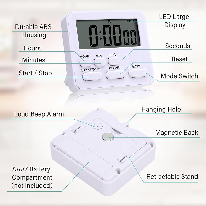 Leumoi 6 Pcs Digital Kitchen Timer 24 Hour Clock and Alarm Function Timer - Image 3