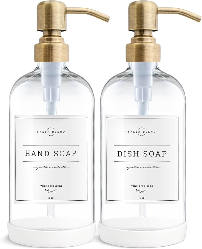 Vine Creations Clear Glass Soap Dispenser, 2 Pack Kitchen Soap Dispenser Set by VineCreations
