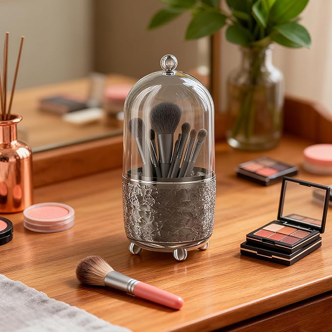 Makeup Brush Holder with Lid, Cosmetic Tools Organizer with Cover, 360° - Image 2