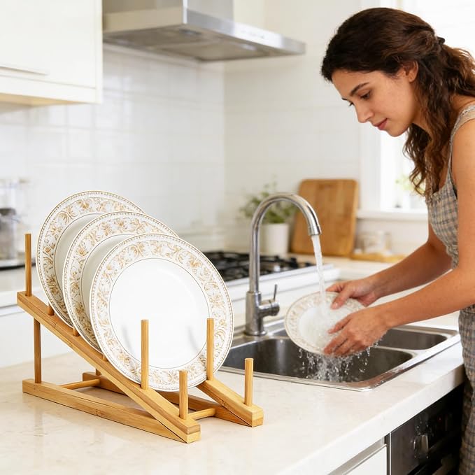 6 Pack Dish Rack Bamboo Drying Rack Wooden Plate Dish Rack Cabinet Organizer - Image 5