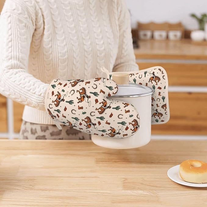 Western Cactus Cowboy Boho Silicone Oven Mitts Pan Mats Set of 2, Heat - Image 7