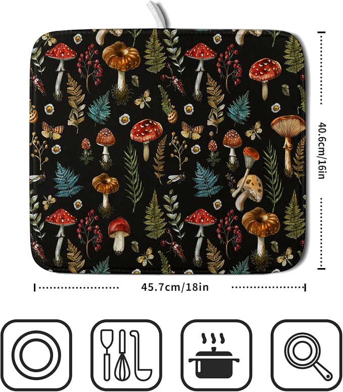 Mushroom Forest Dish Drying Mat Fern Leaves Black Drainer Mat - Image 2