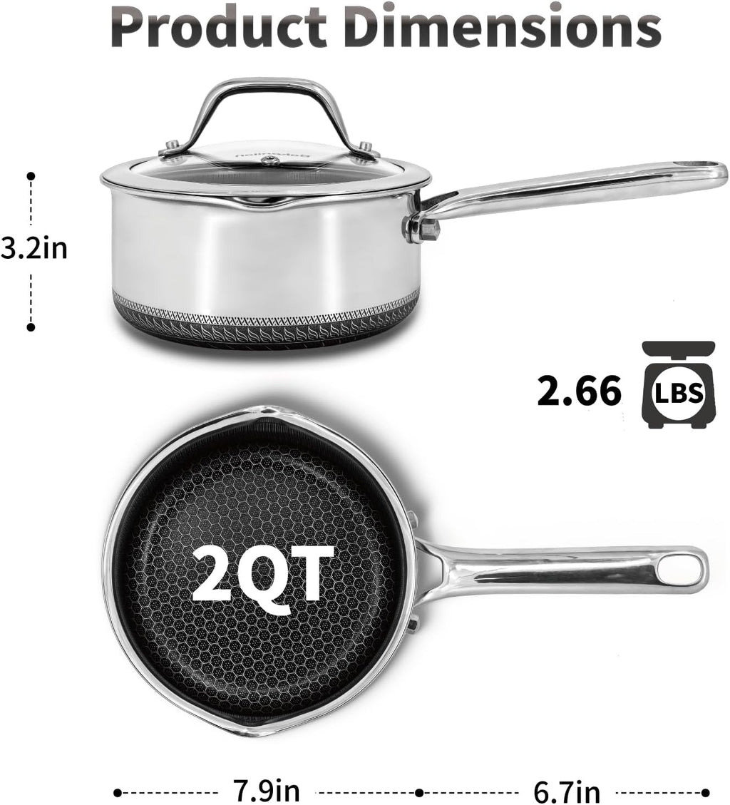 Hybrid Nonstick 2 QT Saucepan with Lid, Stainless Steel Pot with