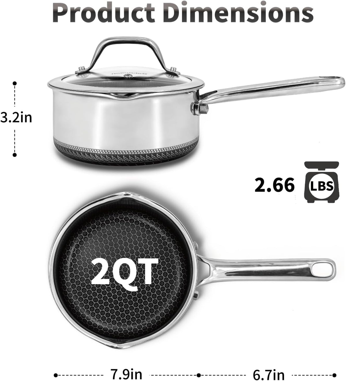 Hybrid Nonstick 2 QT Saucepan with Lid, Stainless Steel Pot with