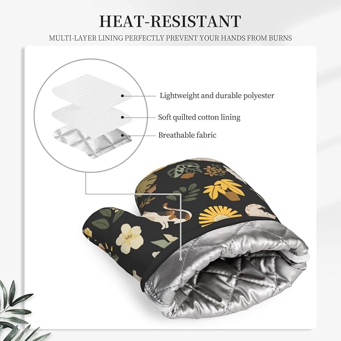 Cute Cats Flowers Garden Silicone Oven Mitts Pan Mats Set of 2, Heat Resistant - Image 4