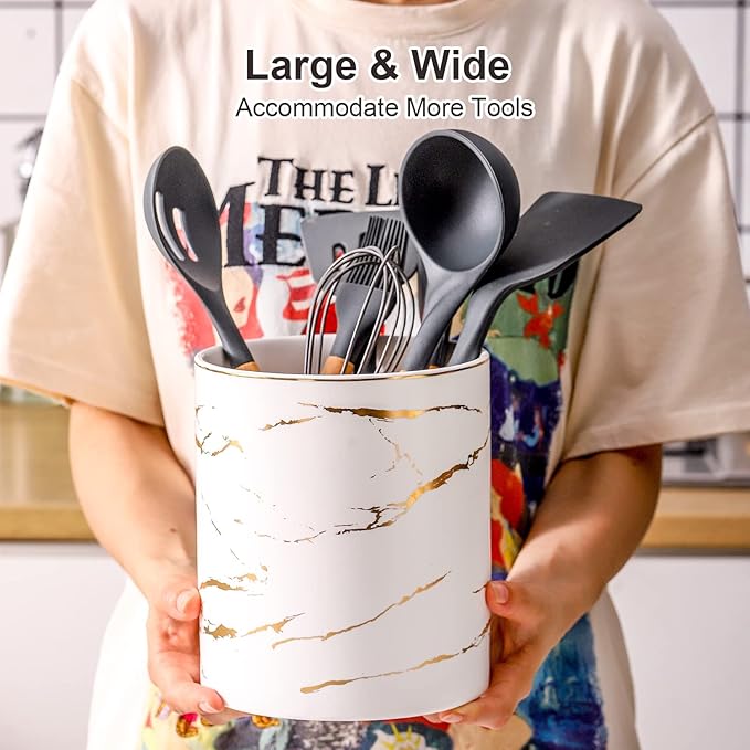 7" Marble Utensil Holder, Large Kitchen Utensil Holder Organizer - Image 4