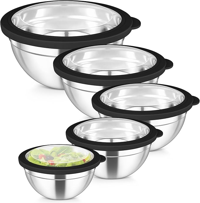 TeamFar Mixing Bowls Set, 4.5/3/1.5/1/0.7 QT Stainless Steel Nesting Salad Bowls by TeamFar