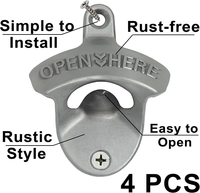 4 PCS Bottle Opener Wall Mounted Stainless, Antique Silver Rust-free Screw in - Image 2