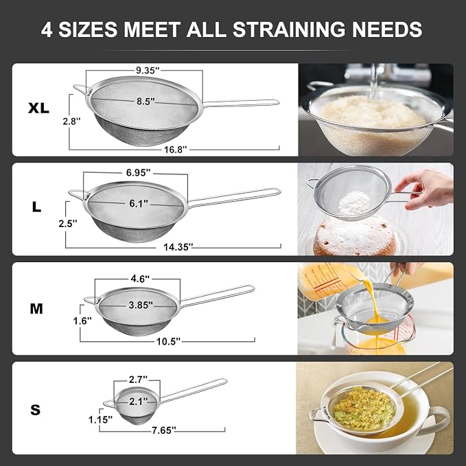 Walfos Extra Fine Mesh Strainer Set of 4-9.35", Stainless Steel 30 Mesh Sieve - Image 2
