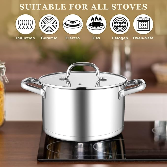 Leonyo 5 Quart Stock Pot with Lid, 18/10 3-ply Stainless Steel Stockpot - Image 4