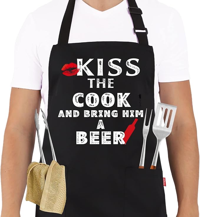 Grilling Apron - KISS THE COOK AND BRING HIM A BEER - Funny BBQ Aprons by ALIPOBO