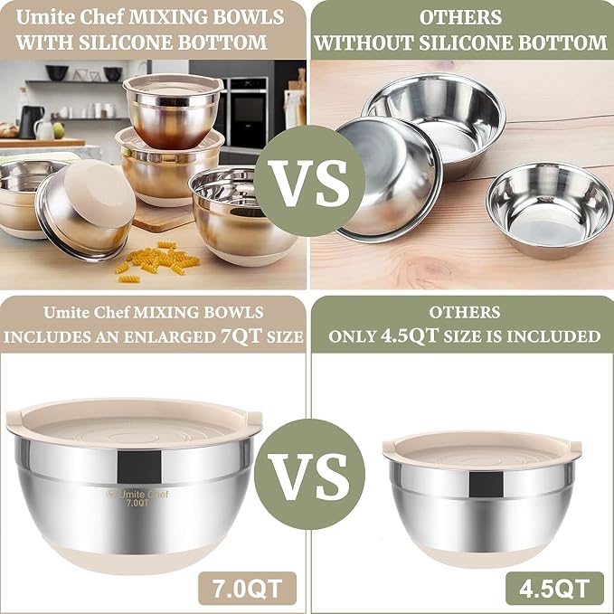 Umite Chef Mixing Bowls with Airtight Lids, 6 piece Stainless Steel Metal - Image 2