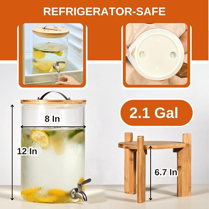 Glass Beverage Dispenser with Bamboo Stand and Lid, Iced 2.1 Gallon Drink - Image 3