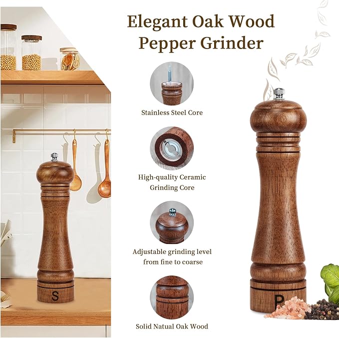 Haomacro Wooden Salt and Pepper Grinder Set Refillable Salt & Pepper Mills - Image 4