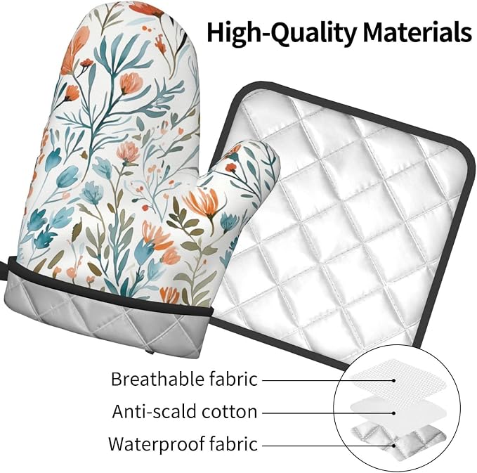Teal Orange Watercolor Floral Oven Mitts and Pot Holders Sets of 3, Heat - Image 9