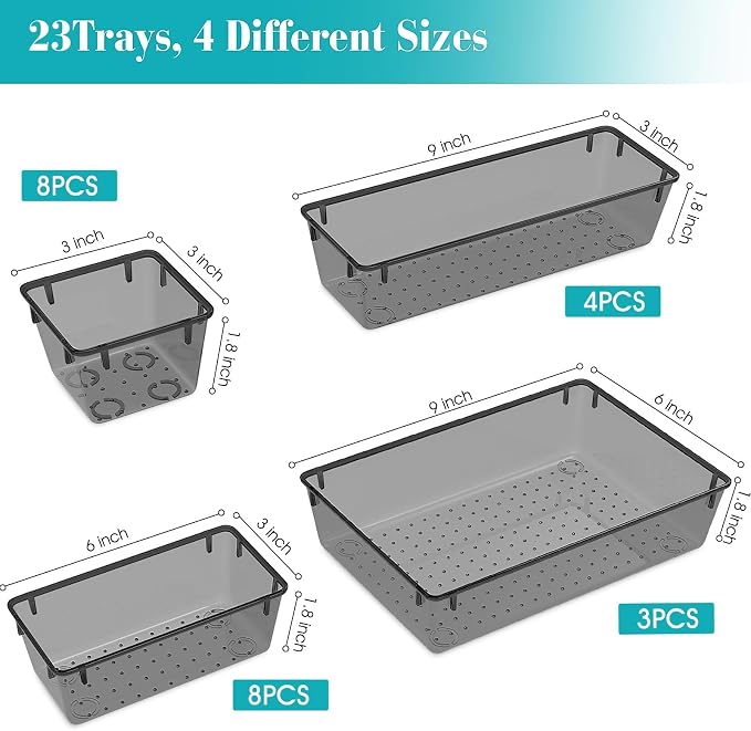 StorMiracle 23 PCS Clear Plastic Drawer Organizers Set, 4 Size Desk Drawer - Image 2