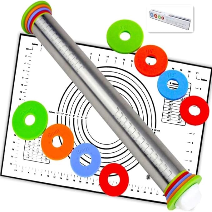 Rolling Pin with Adjustable Thickness Rings and Silicone Baking Pastry Mat Set by Unknown