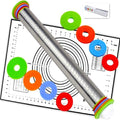 Rolling Pin with Adjustable Thickness Rings and Silicone Baking Pastry Mat Set by Unknown