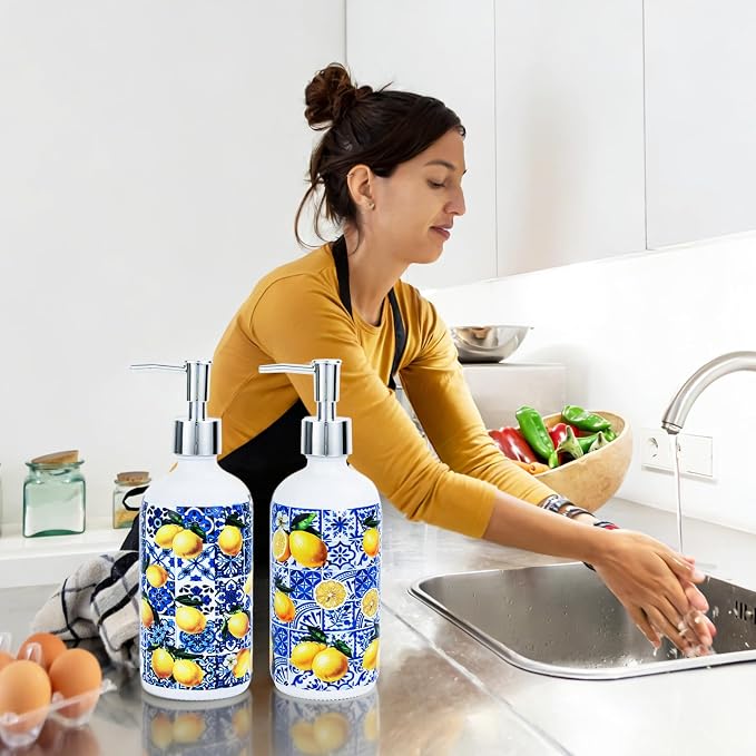 2 Pcs Blue Tiles Lemon Soap Dispenser Blue Tile Yellow Capri Lemon Glass - Image 5
