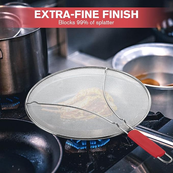 Splatter Screen for Frying Pan & Food Strainer, 13 Inch Stainless Steel Grease - Image 3