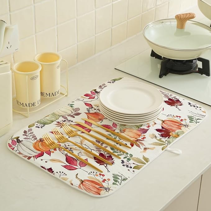 Fall Autumn Dish Drying Mat 18 x 24 inch Thanksgiving Pumpkin Maple Leaf Flower - Image 4