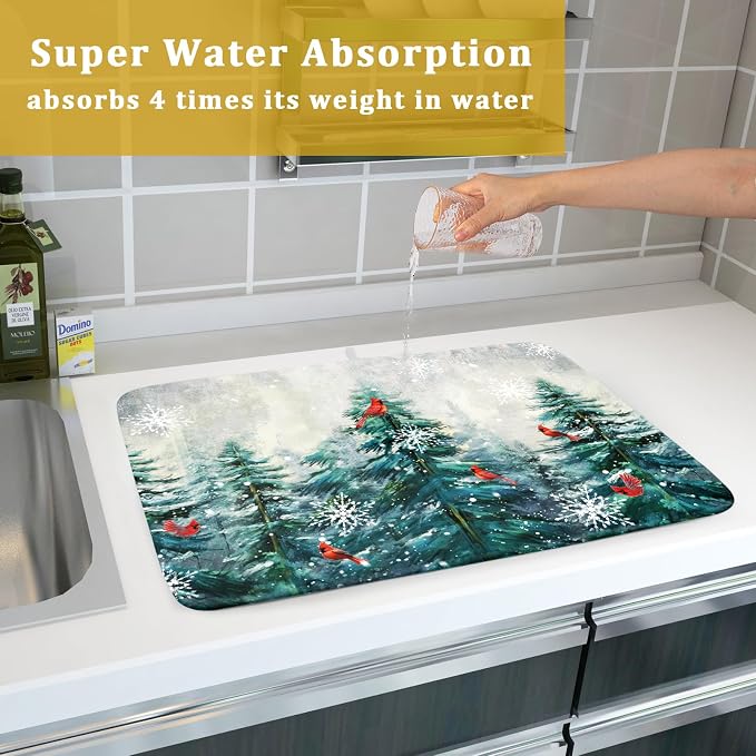 Pine Tree Dish Drying Mat for Kitchen Countertop Red Bird Dishes Mats Winter - Image 7