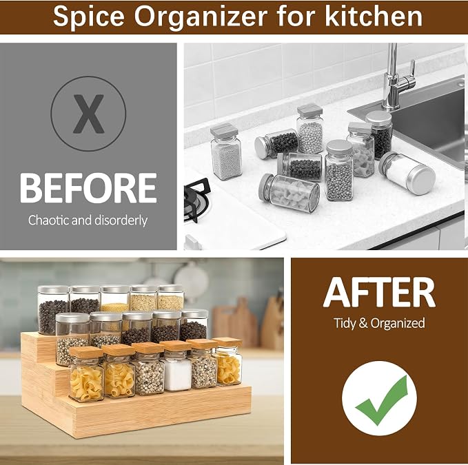 Bamboo Spice Rack for Cabinet, 3 Tier Spice Riser Shelf, 2 Pack Spices Stand - Image 2