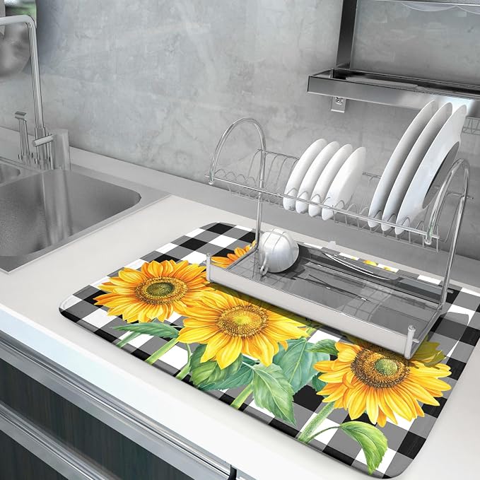 Sunflower Dish Drying Mat for Kitchen Counter Watercolor Black White Plaid - Image 5