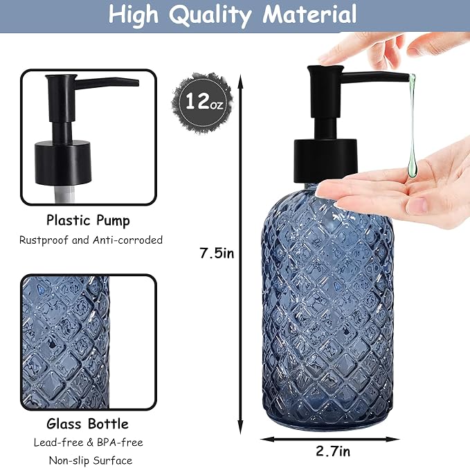 Blue Glass Dish Soap Dispenser for Kitchen, 12oz Refillable Liquid Hand Soap - Image 2