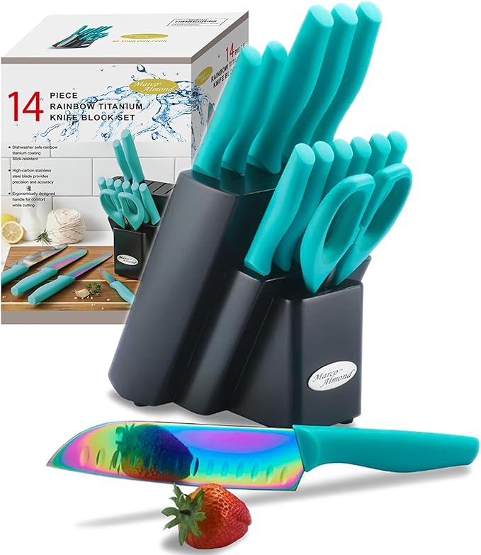 Marco Almond Knife Block Set, Knife Set Rainbow Color, 14 Piece Stainless Steel by MarcoAlmond