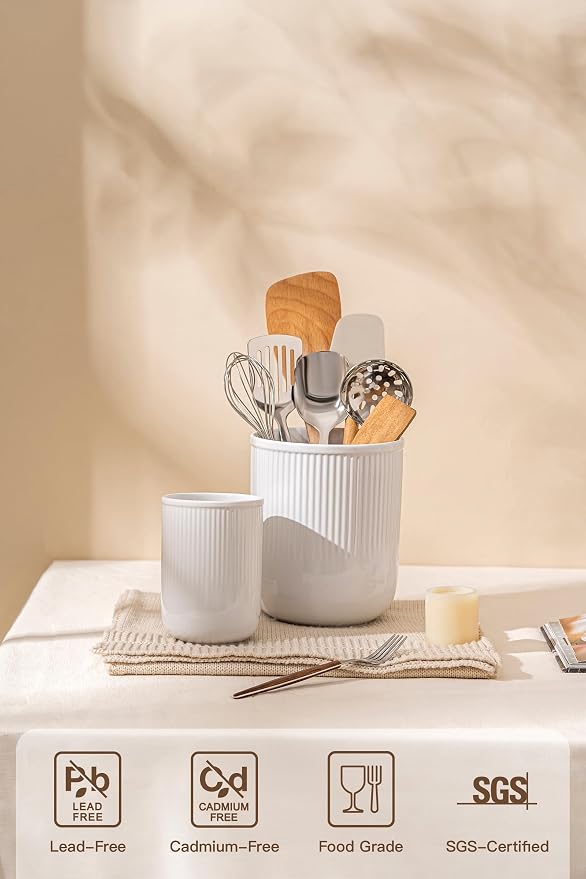 FOBENTA Utensil Holder, 7.3’’+5.4’’ Ceramic Kitchen Utensil Holder - Image 3