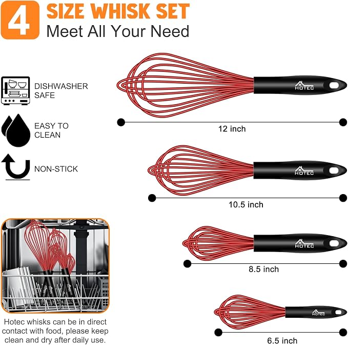 HOTEC 4 Pieces Silicone Whisks Set, Wire Balloon Whisks Egg Beater, Non-slip - Image 2