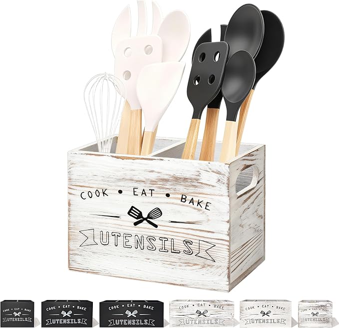 Retro White Wood Kitchen Utensil Holder by Unknown