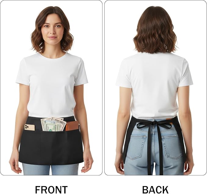 BOHARERS 3 Pockets Waitress Apron 12 Pack Cotton Server Apron Black Half Aprons - Image 2
