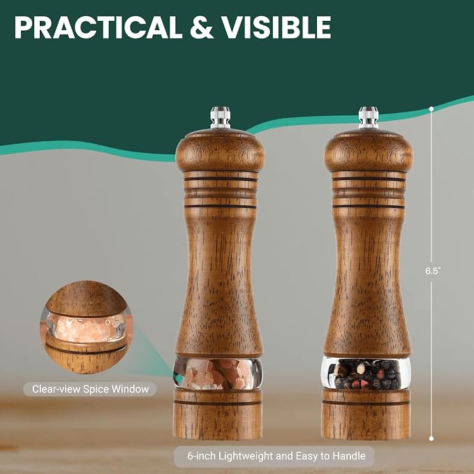 2-Piece Salt and Pepper Grinder Set, 6.5 Inch Wooden Salt and Pepper Mills - Image 3