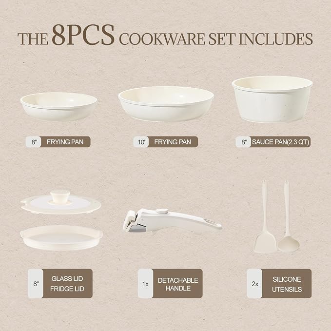 Ceramic Cookware Set Non Stick 8Pcs Pots and Pans Set Detachable Handle - Image 2