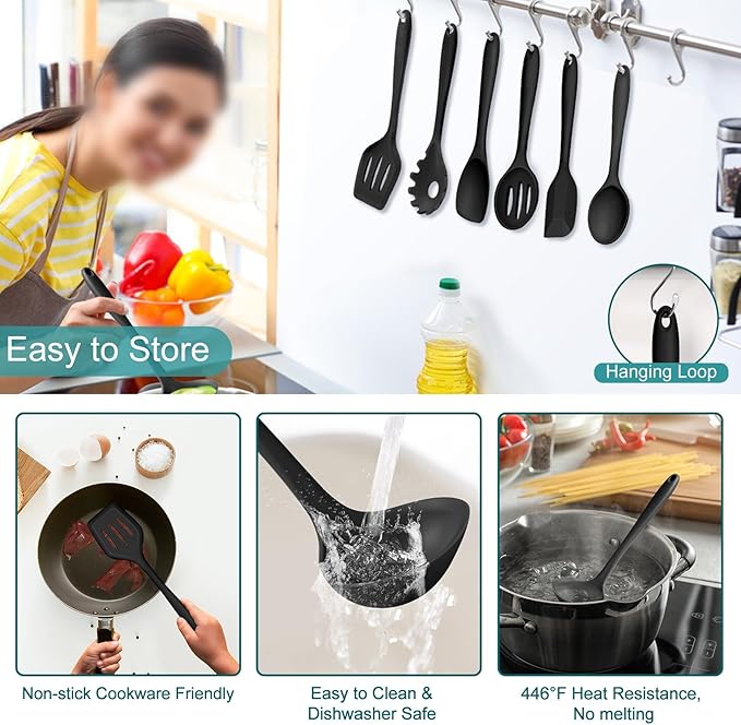 TeamFar Silicone Cooking Utensil Set of 7, Healthy & One-Piece, Anti-Heat & - Image 4