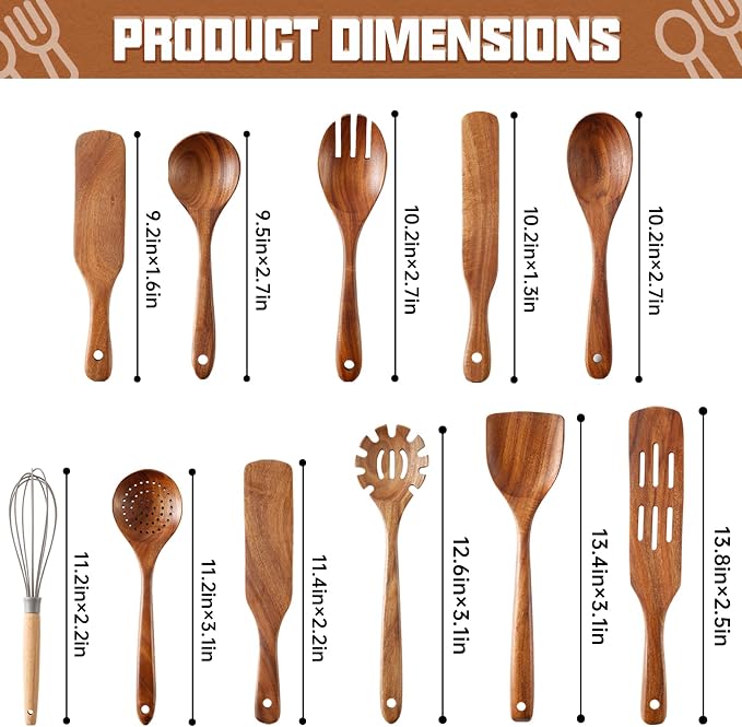 Wooden Spoons for Cooking 11Pcs Natural Acacia Wooden Kitchen Utensil Set - Image 2
