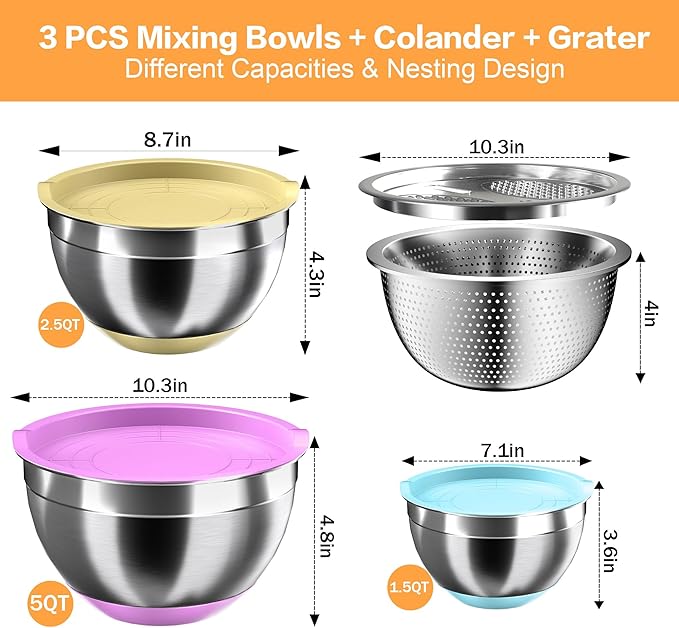 Nicdiet Mixing Bowls with Airtight Lids, Stainless Steel Mixing Bowl Set with 3 - Image 7