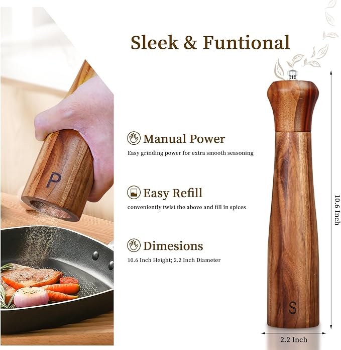 Haomacro 2 Pack 10 Inch Acacia Wooden Salt and Pepper Grinder Set, Manual Salt - Image 3