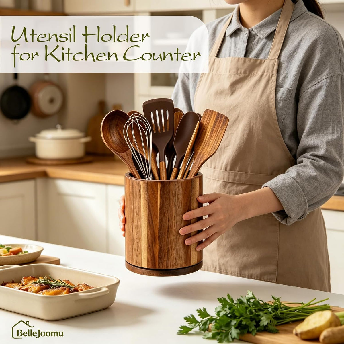 Kitchen Utensil Holder, 360 Rotating Acacia Wood Countertop