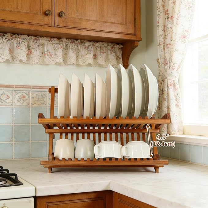 Utoplike Teak Dish Drainer Rack Collapsible 2 Tier Dish Rack Dish Drying Rack - Image 3