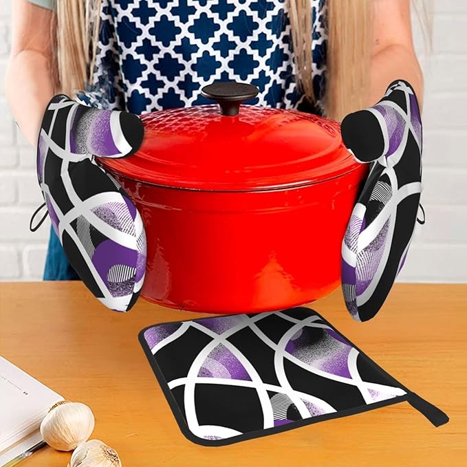 3-Piece Purple Black Abstract Geometric Oven Mitts and Pot Holders Set - Image 3