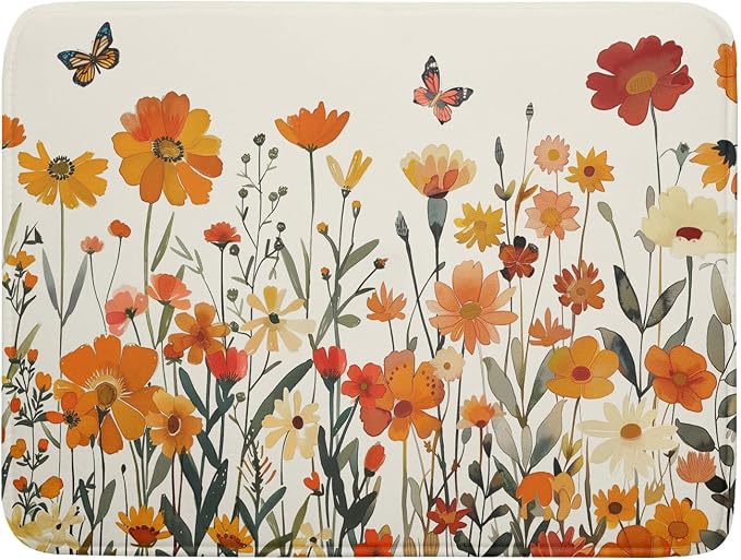 Fall Orange Wildflower Dish Drying Mat by Anyako