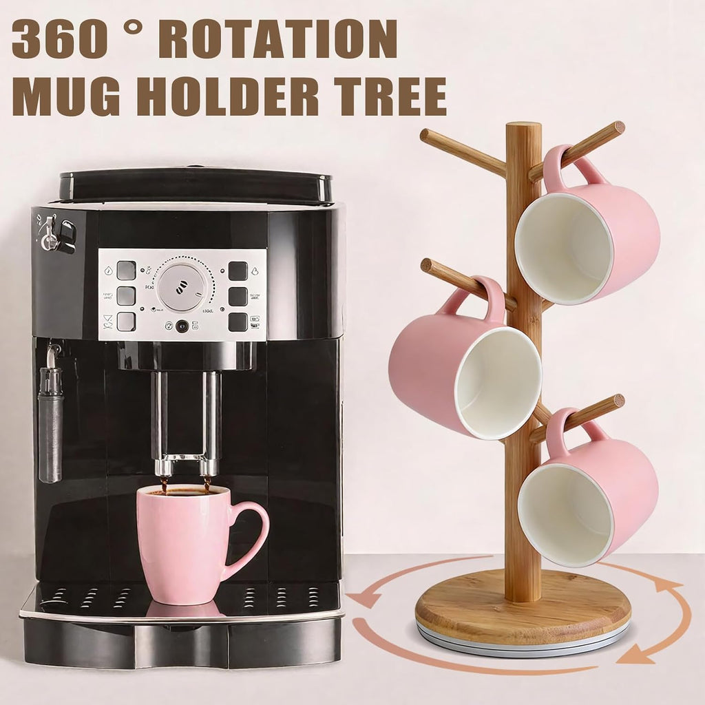 Coffee Mug Tree, 360° Rotated Mug Holder with 6 Hooks, Bamboo Latte