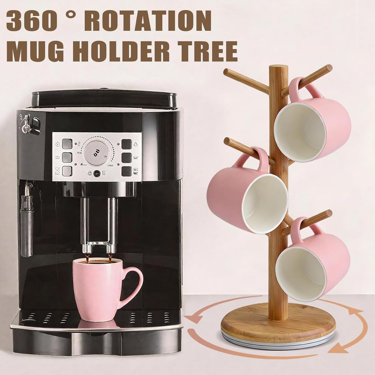Coffee Mug Tree, 360° Rotated Mug Holder with 6 Hooks, Bamboo Latte