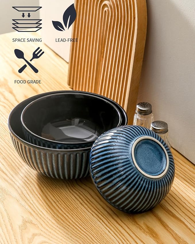 HASENSE Mixing Bowls of 3, Porcelain Ribbed Bowls 1.5/1/0.5 Qt - Image 3