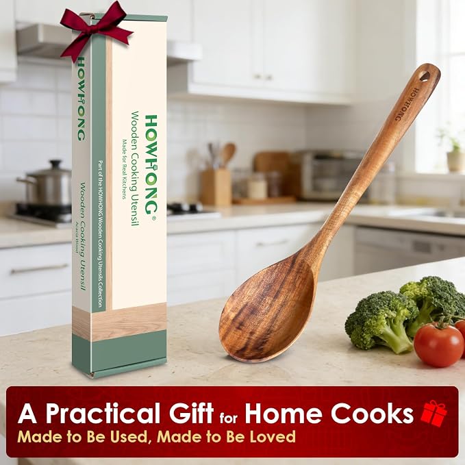 HOWHONG Wooden Cooking Spoon, Long Handle Acacia Wood Spoon - Image 7