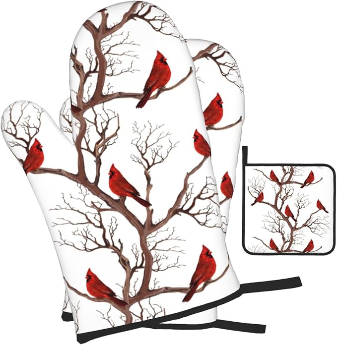 Winter Cardinal Birds Oven Mitts and Pot Holders Sets of 3 Kitchen Hot Pads - Image 2